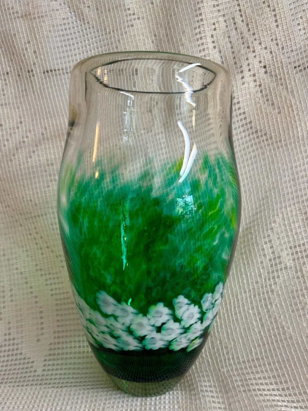 Hand Blown + Signed.Green Swirl Glass Vase with White Flowers.